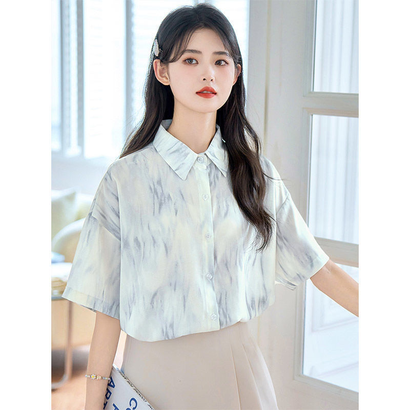 格瑞吉奥夏季韩版chic盐系扎染衬衫女宽松设计感小众百搭短袖上衣