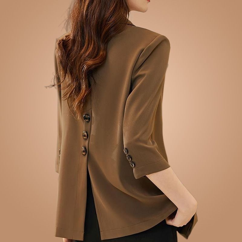 Coffee color small suit jacket women's thin section spring and summer 2023 new rear slit casual temperament three-quarter sleeve suit jacket