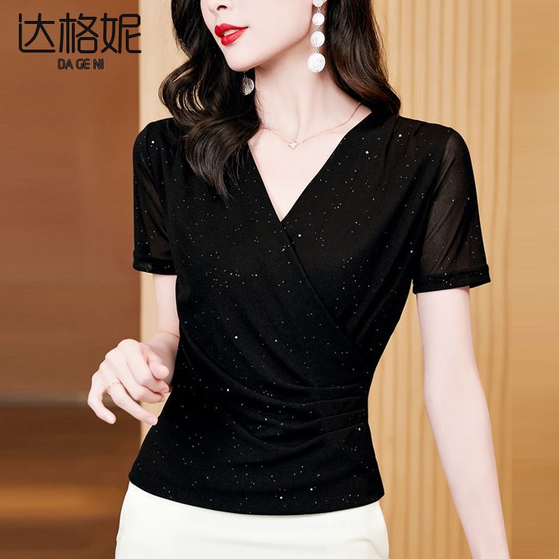 2023夏季新款V領網紗打底衫女內搭外穿薄款短袖T恤女修身顯瘦上衣
