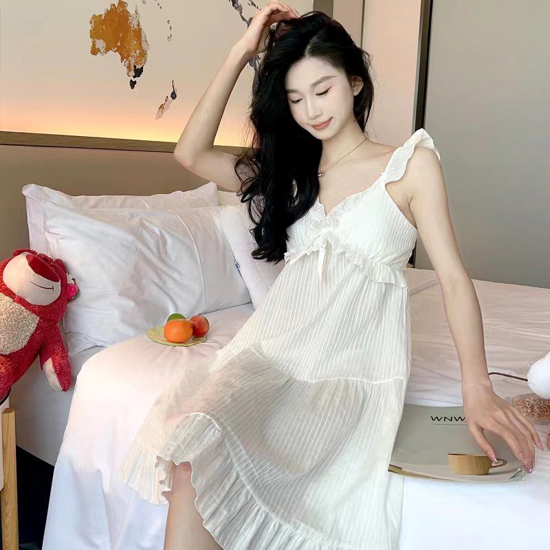 French pure cotton side suspender skirt spring and summer women's pajamas thin section with chest pad ins mid-length home service nightdress