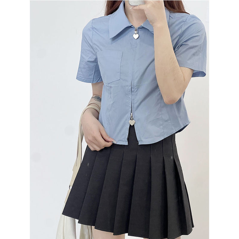  sweet and cool style simple solid color lapel double-headed love zipper design sense of self-cultivation short front shoulder short-sleeved shirt