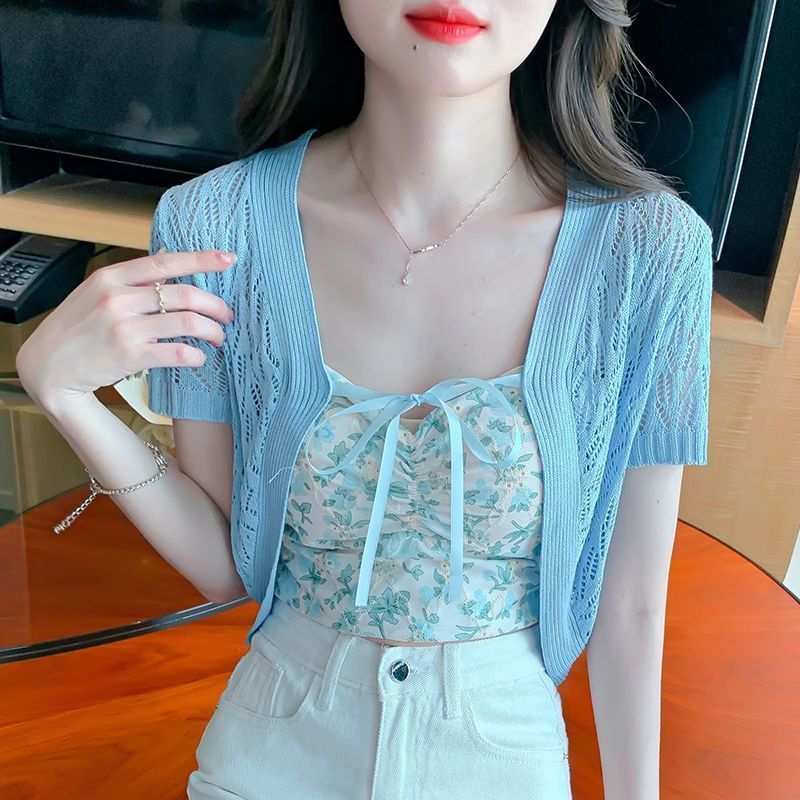 夏季新款韩版镂空短袖薄款系带外搭纯色修身针织防晒短款开衫