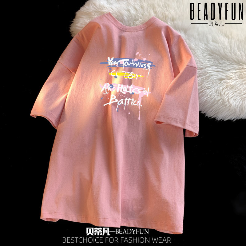 BEADYFUN 2023夏季小眾圓領短袖t恤男女寬鬆潮流半袖港風休閒上衣