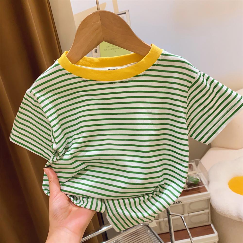 Pure cotton girls' short-sleeved T-shirt summer clothes 2023 new foreign style children's color contrast stripes small and medium children's clothing girls' tops