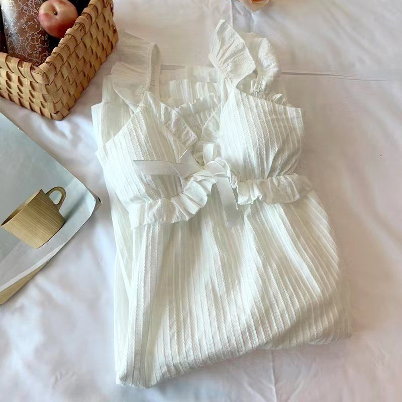 French pure cotton side suspender skirt spring and summer women's pajamas thin section with chest pad ins mid-length home service nightdress