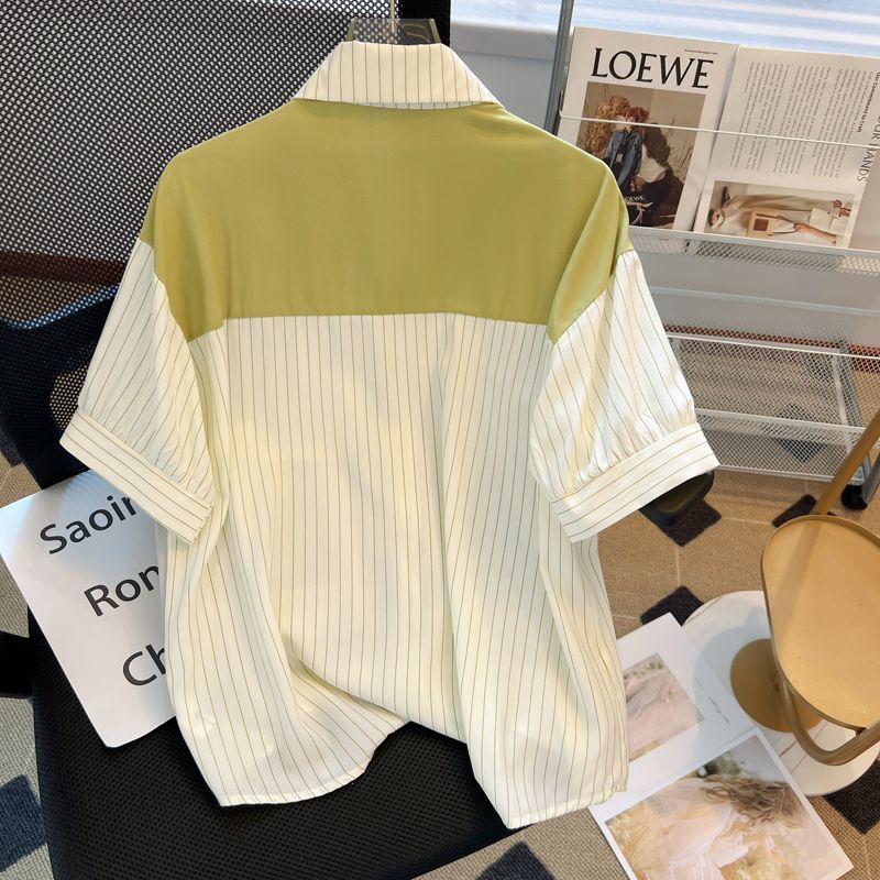 Shawl striped shirt short-sleeved summer new style Korean style workplace light and sophisticated French high-end shirt light luxury top for women