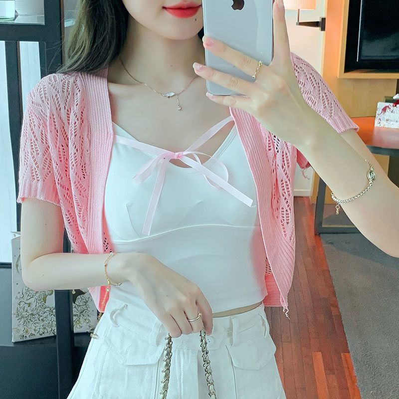 夏季新款韩版镂空短袖薄款系带外搭纯色修身针织防晒短款开衫