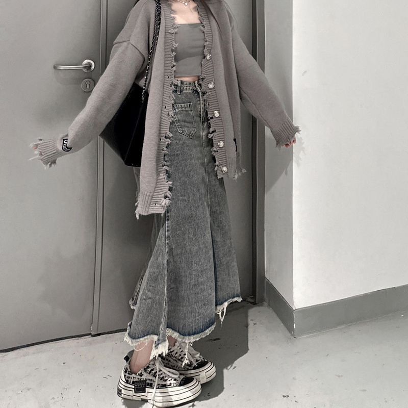 小個子復古牛仔半身裙女夏季設計感小眾魚尾裙A字中長款包臀裙子