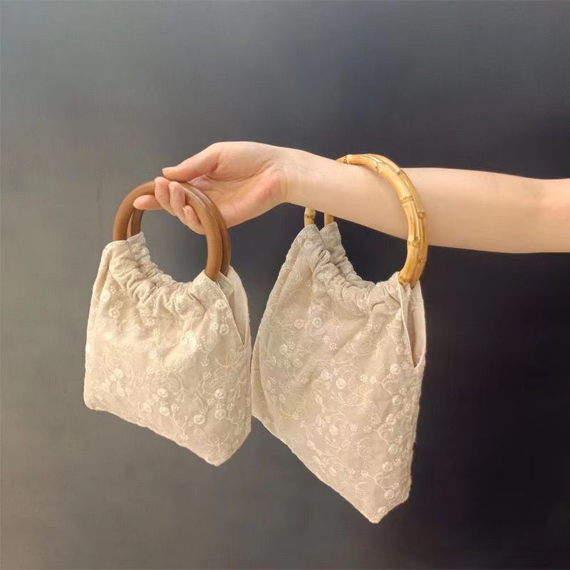 浮綠自製新品 文藝純美法式刺繡 竹節手提木環迷你小包 度假旗袍