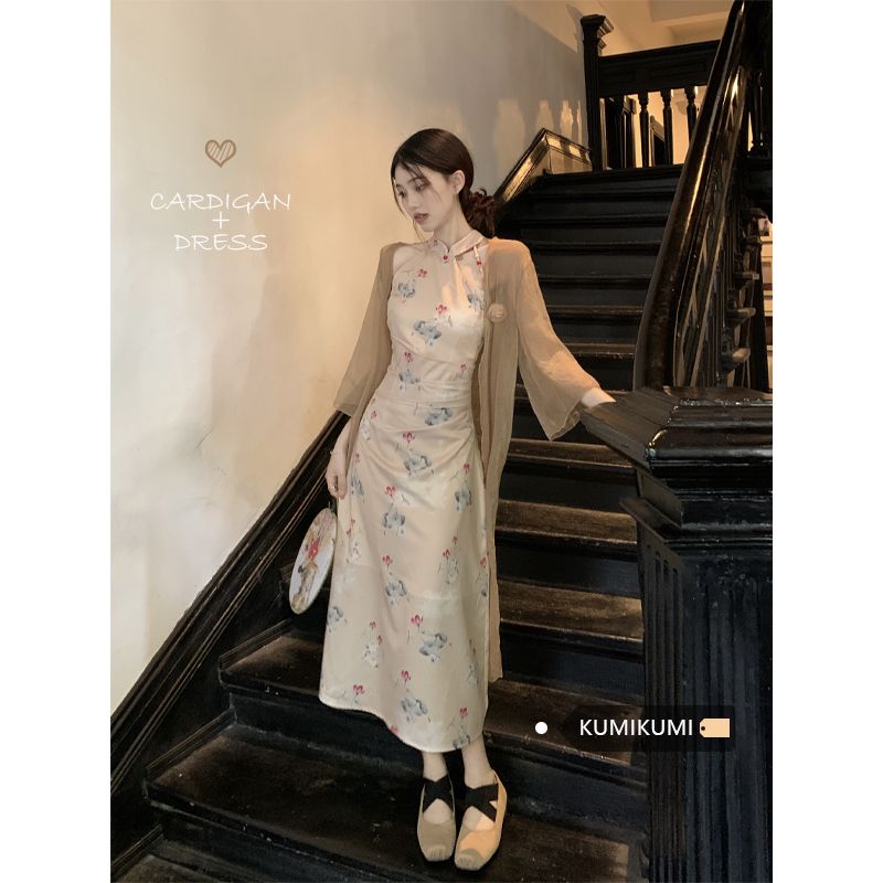 kumikumi新中式復古氣質收腰改良旗袍連衣裙女春夏防曬開衫兩件套