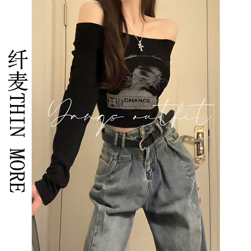 Slim wheat THIN MORE black one-shoulder hot girl top female early spring new slim fit and thin short American T-shirt