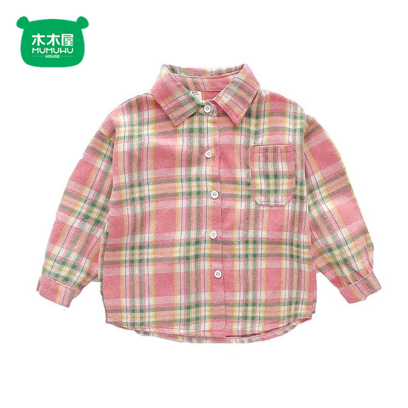 木木屋女童两件套衬衣长袖洋气小童宝宝格子衬衫儿童开衫外套套装