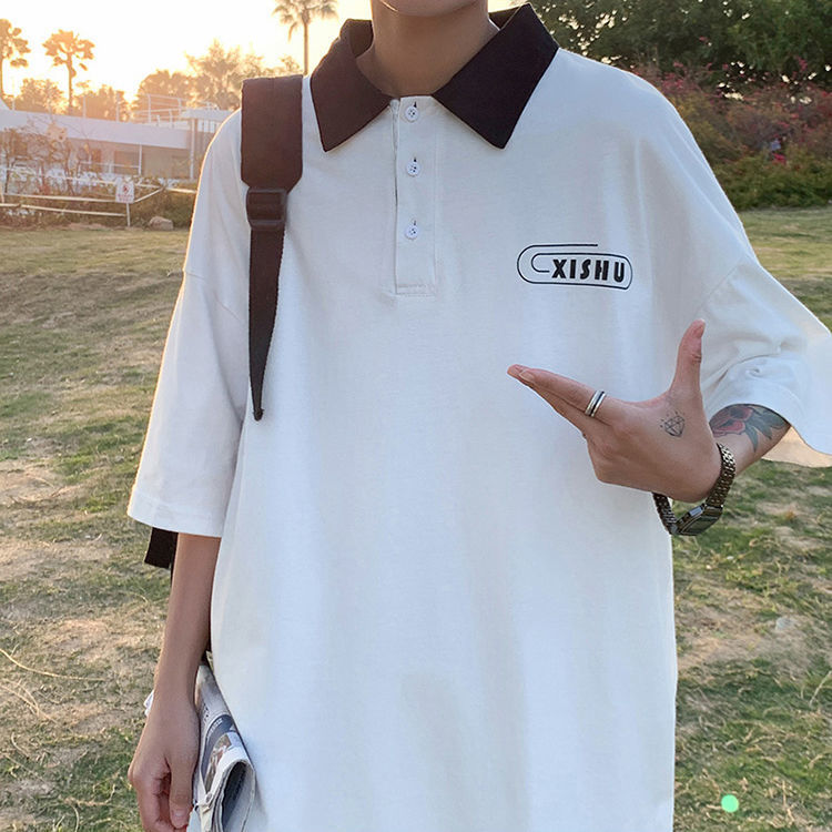 POLO衫男休閒百搭翻領短袖T恤男士潮牌寬鬆潮流港系半袖原宿風ins