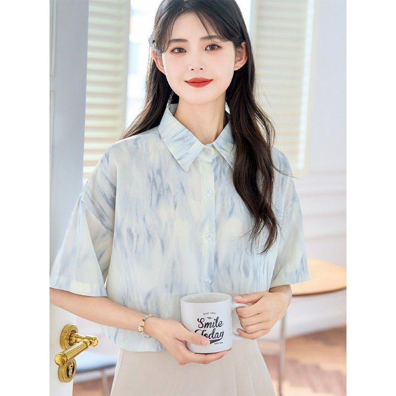 格瑞吉奧夏季韓版chic鹽系扎染襯衫女寬鬆設計感小眾百搭短袖上衣