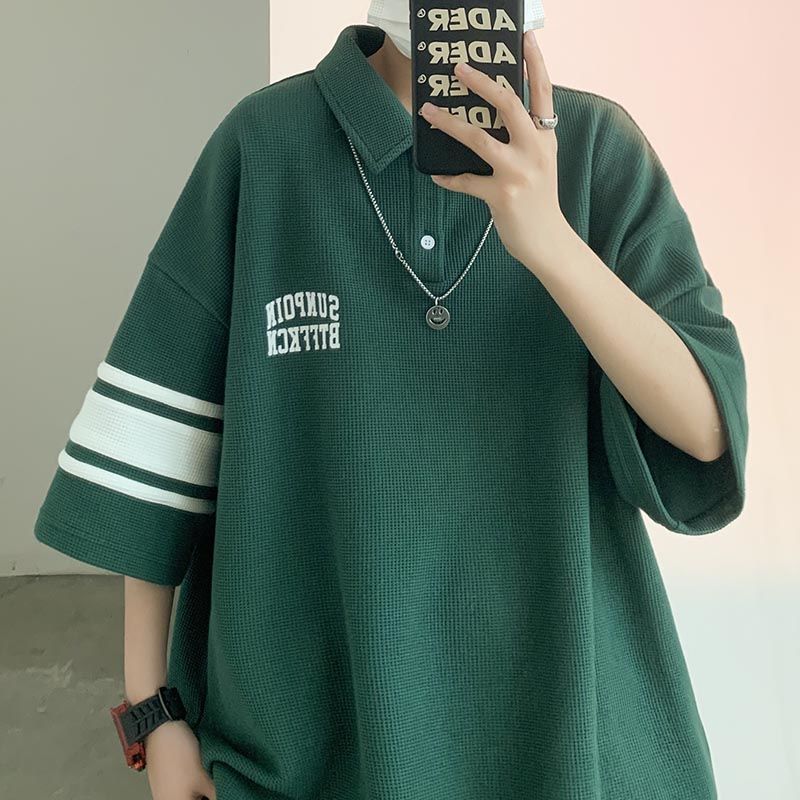 華夫格短袖POLO衫男夏季新款美式潮牌潮流寬鬆t恤學生休閒半袖衫