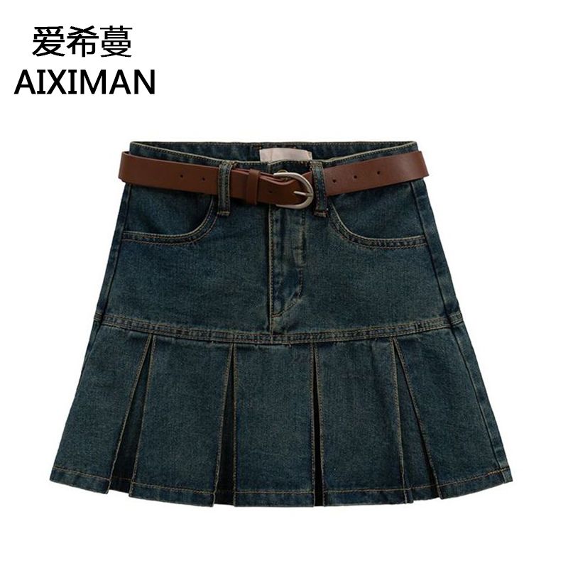 American retro hot girl skirt denim skirt female  summer new high waist slimming anti-light pleated skirt tide