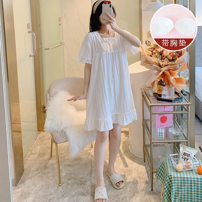 Short-sleeved nightdress female summer pure cotton with chest pad sexy princess style  new hot style summer pajamas pregnant women