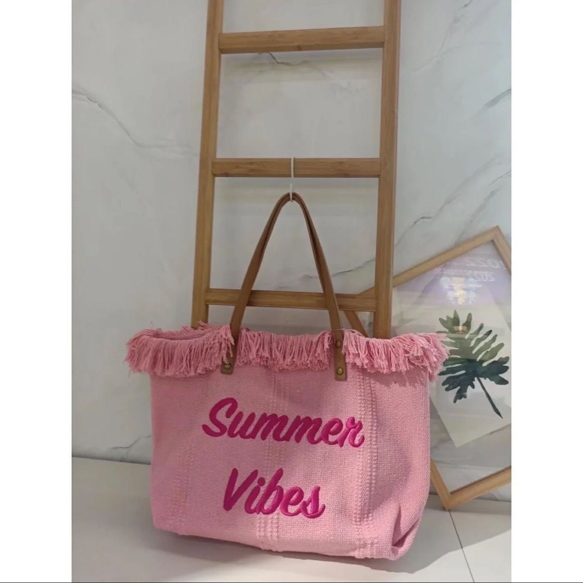 2023 Summer New Tassel Woven Canvas Embroidered Letter Bag Large Capacity Tote Shoulder Bag Universal Women's Bag