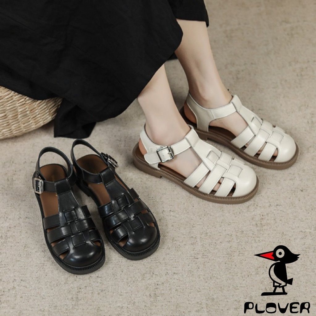 PLOVER正品真皮包頭涼鞋女韓版百搭網紅同款復古編制休閒沙灘鞋