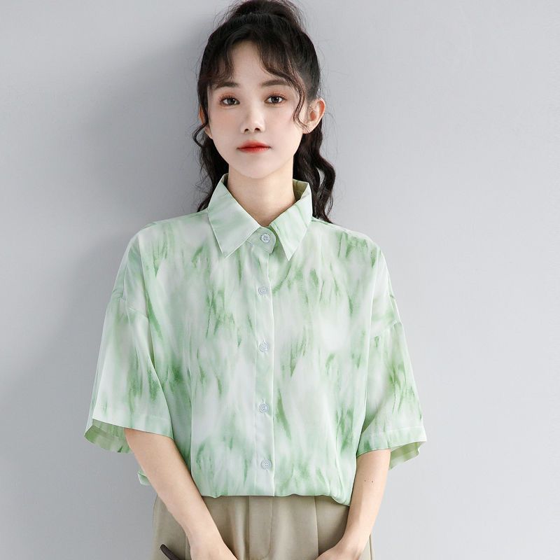 格瑞吉奧復古扎染漸變印花短袖襯衫女氣質小眾設計感寬鬆港味上衣