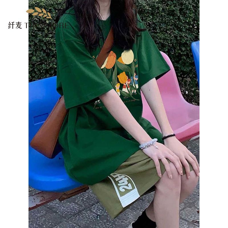 纤麦100%纯棉墨绿色短袖t恤女学生韩版宽松小众设计感夏季上衣潮