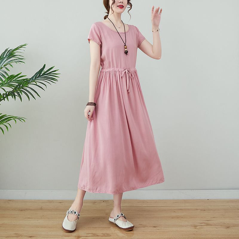 2023 Cotton Silk Dress Women's Summer Short Sleeve Drawstring Slim Swing Skirt Artificial Cotton Mid-Length Beach Skirt