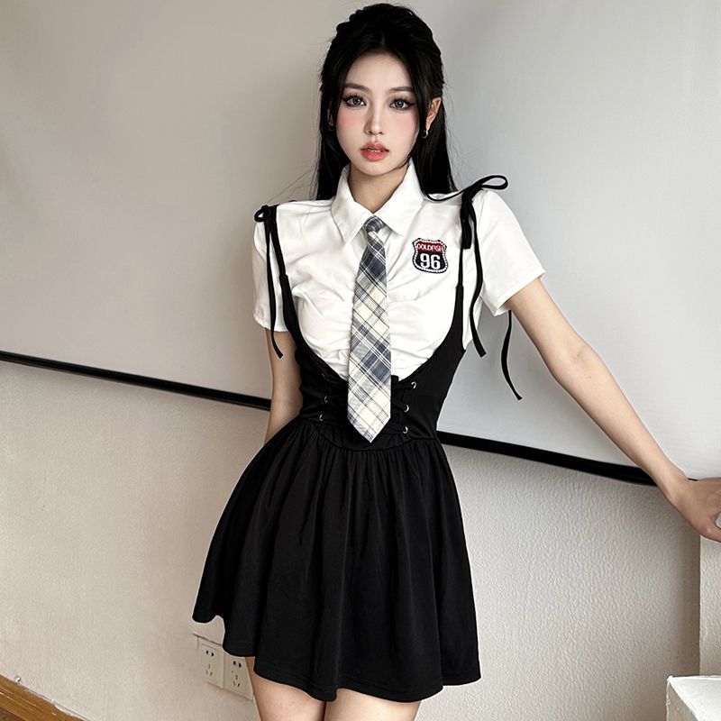 美式學院風時尚套裝女泡泡袖短款襯衫+腰部綁帶顯瘦吊帶連衣裙夏