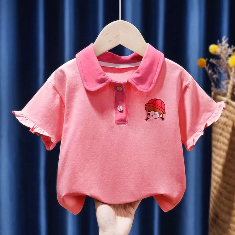 儿童纯棉薄款t恤2023夏季新款女童宝宝泡泡袖polo领上衣打底衫