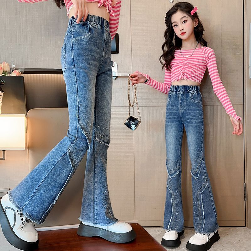 Raw edge micro-flared Hong Kong style jeans with diamonds for girls, spring and autumn 2023 new high-waisted slimming and versatile bell-bottom pants