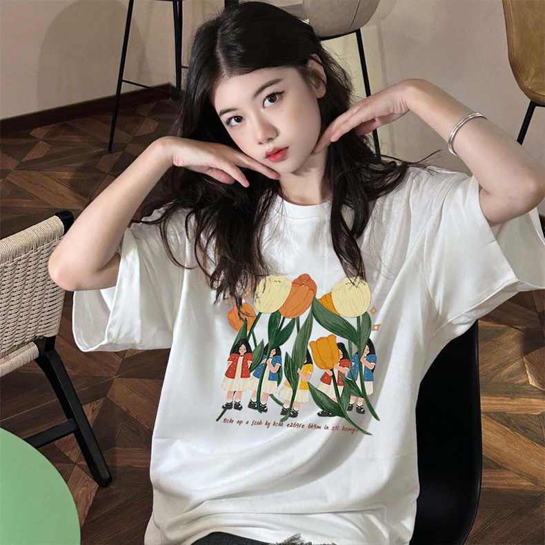 纤麦100%纯棉墨绿色短袖t恤女学生韩版宽松小众设计感夏季上衣潮