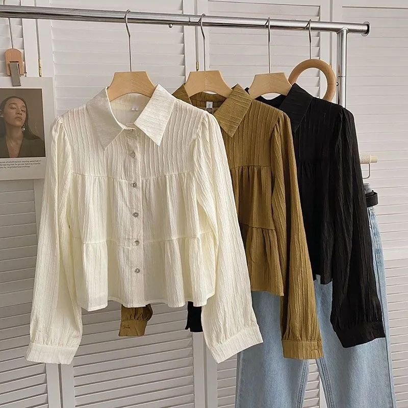 Solid color short shirts and blouses for women in spring and autumn, new Korean version, simple, loose and versatile, fashionable, long-sleeved tops