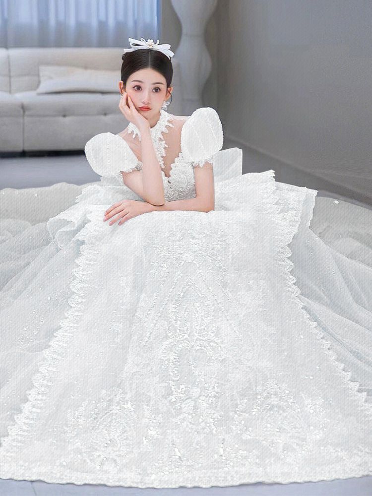 Ice princess wedding dress  new bride main yarn heavy industry luxury trailing high-quality texture court style puff sleeves