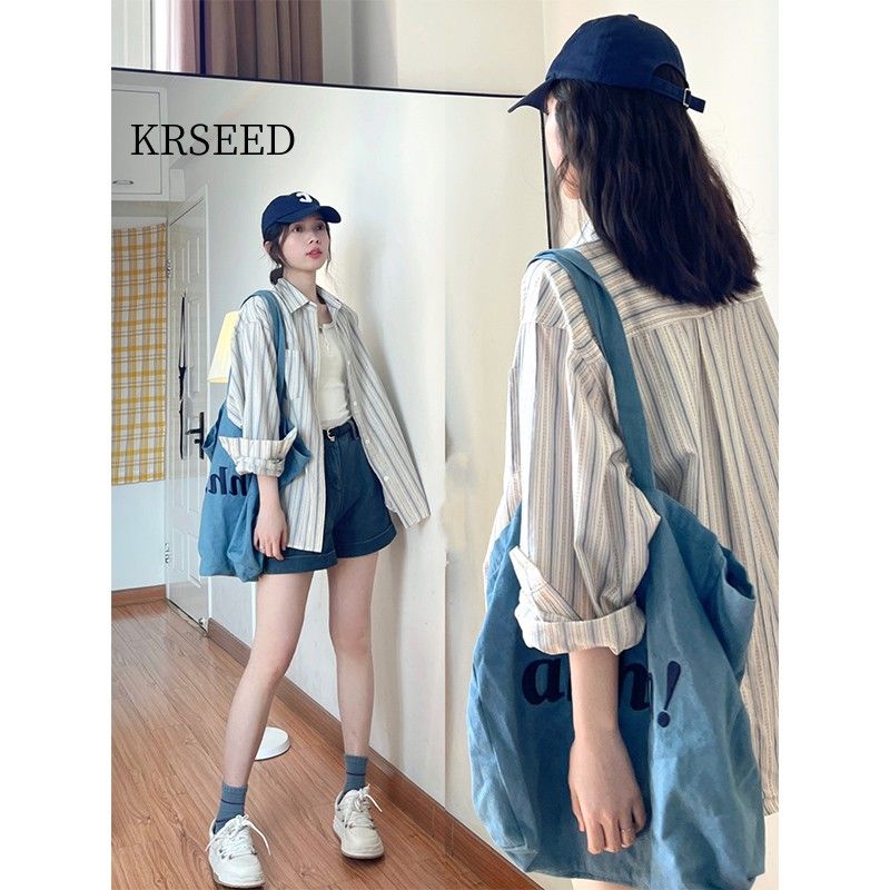 KRSEED藍色條紋襯衫外套女春秋款設計感小眾小個子長袖襯衣女上衣