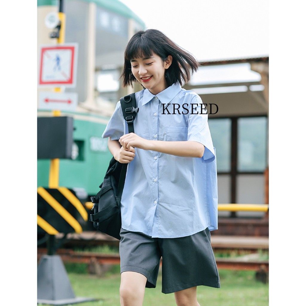 KRSEED【短袖福利款】蓝衬衫女夏季短袖学院风小个子内搭宽松衬衣