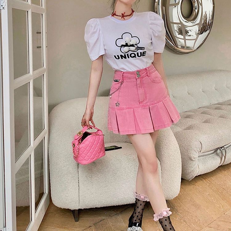 Pink sweet hot girl denim short skirt female summer new large size fat mm high waist slimming anti-light package hip pleated skirt