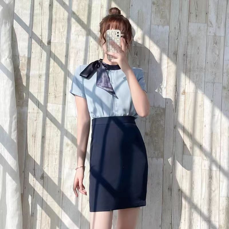 Stewardess clothing female professional suit beauty salon 2023 summer ribbon short-sleeved shirt hotel front desk reception work clothes