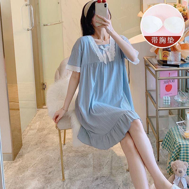 Short-sleeved nightdress female summer pure cotton with chest pad sexy princess style  new hot style summer pajamas pregnant women