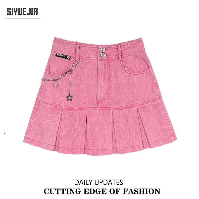 Pink sweet hot girl denim short skirt female summer new large size fat mm high waist slimming anti-light package hip pleated skirt