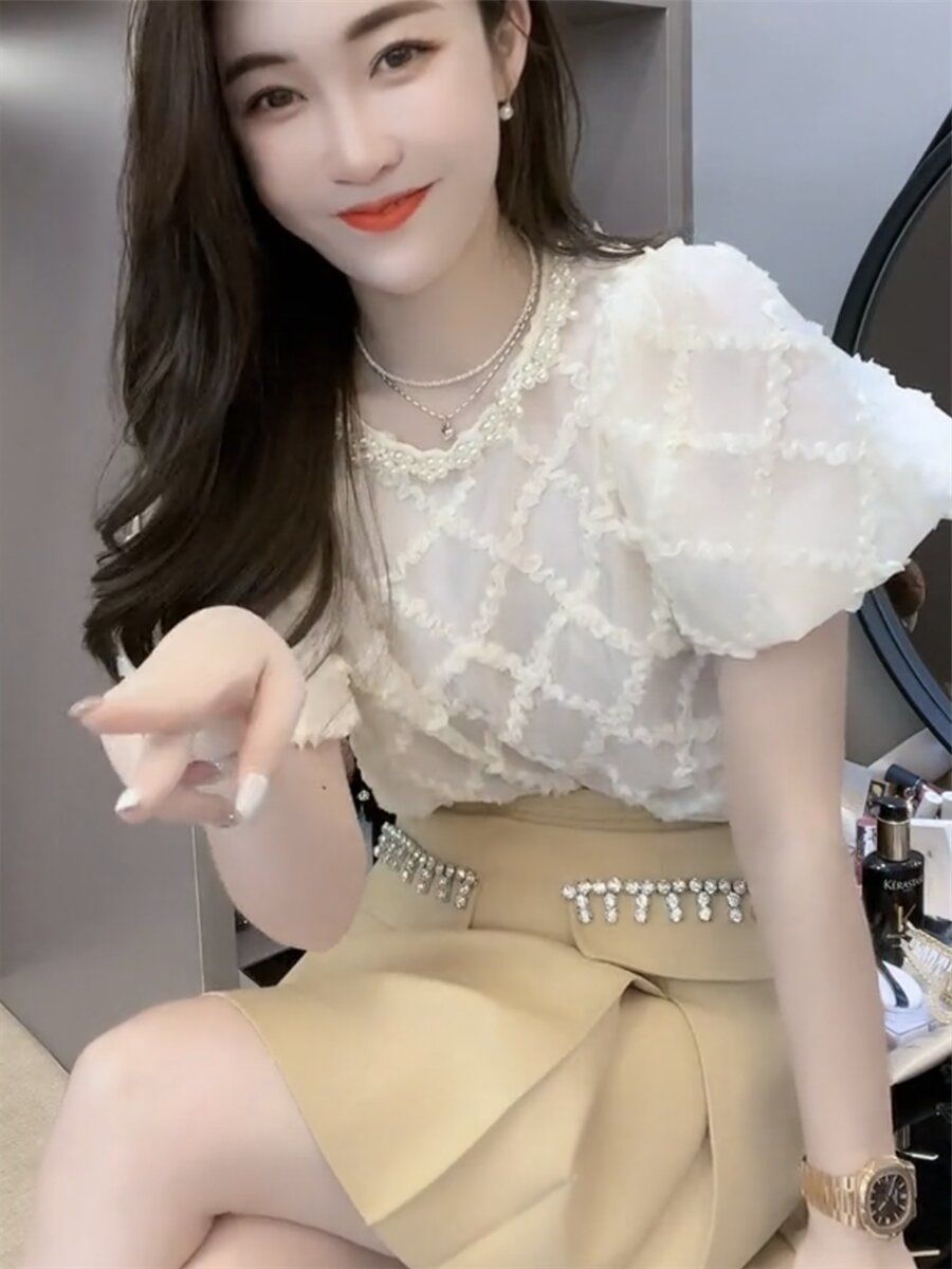 2023夏季新款雪紡短袖襯衫女淑女高檔感釘珠減齡小衫格子上衣潮
