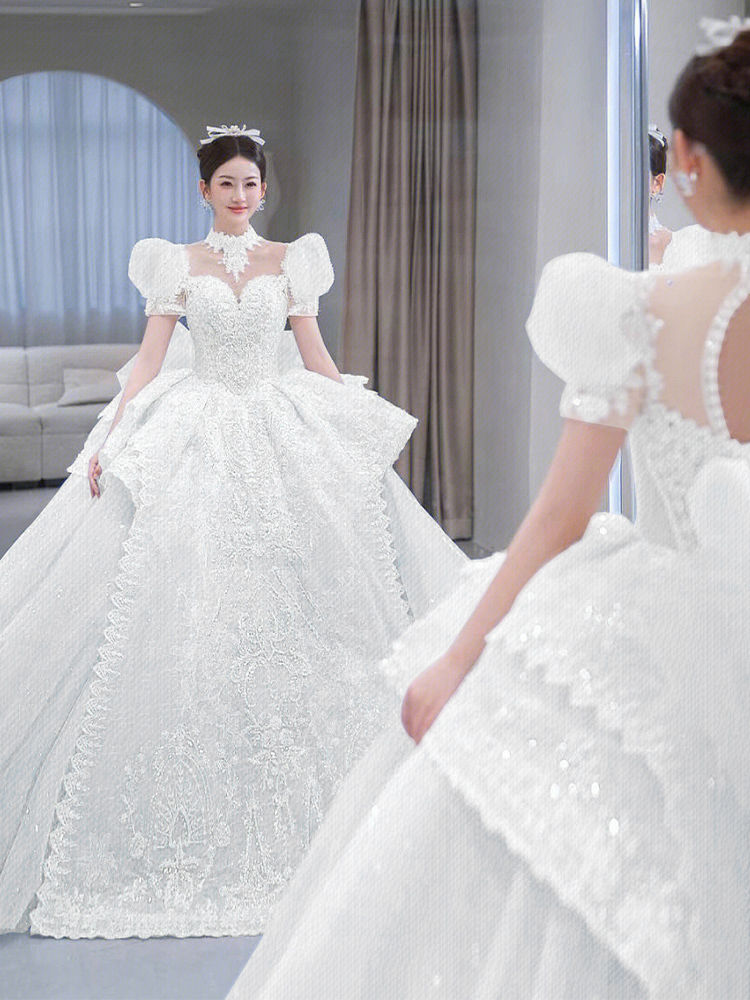 Ice princess wedding dress  new bride main yarn heavy industry luxury trailing high-quality texture court style puff sleeves