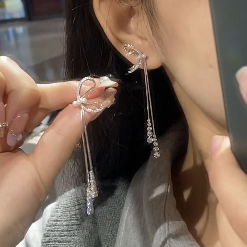 法式蝴蝶結流蘇耳環女小眾設計高級感氣質耳釘ins冷淡風甜美耳飾