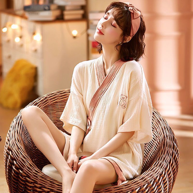 日系和服睡衣女款夏季薄款宽松纱布纯棉短袖两件套可爱甜美家居服