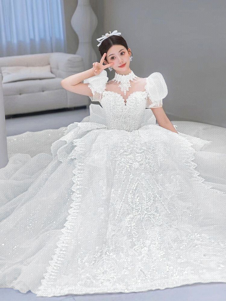 Ice princess wedding dress  new bride main yarn heavy industry luxury trailing high-quality texture court style puff sleeves