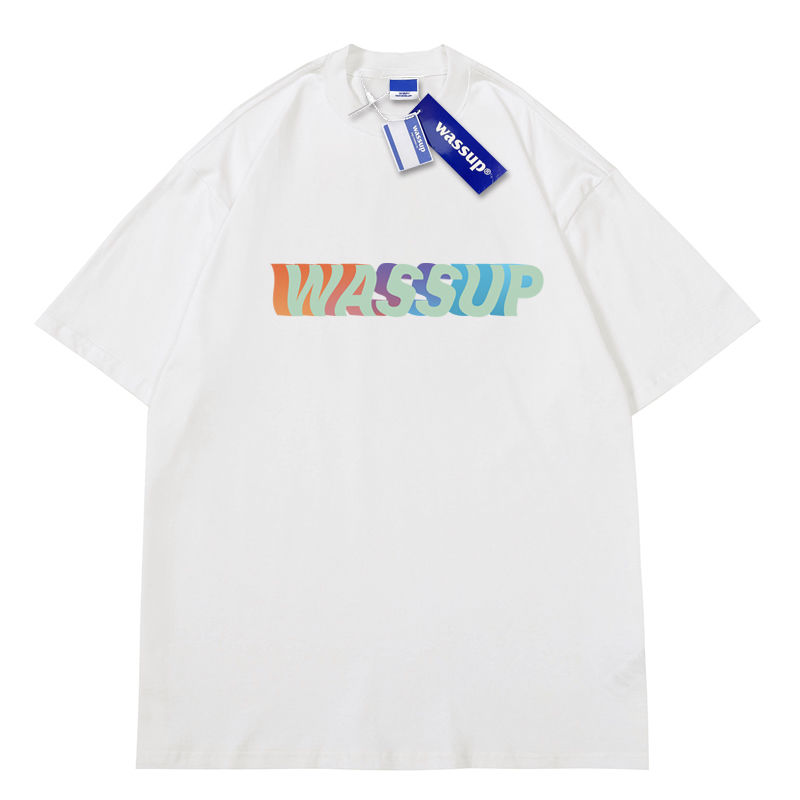 Wassup國潮夏季潮牌寬鬆漸變字母印花休閒短袖t恤男女情侶半袖ins