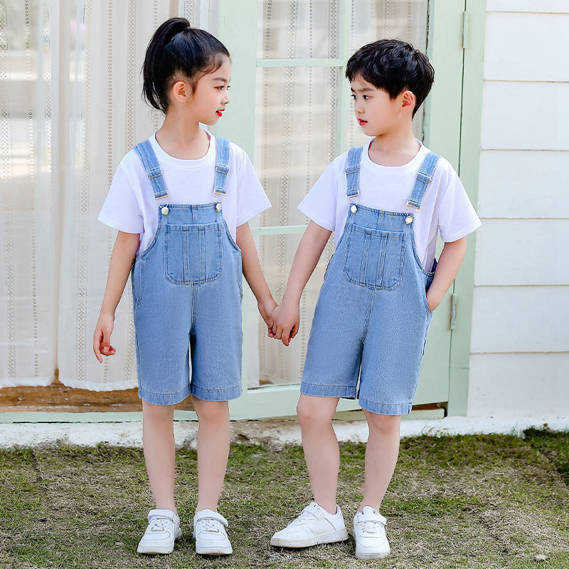 儿童夏装牛仔背带裤套装男女宝宝夏季新款学院风宽松休闲两件套