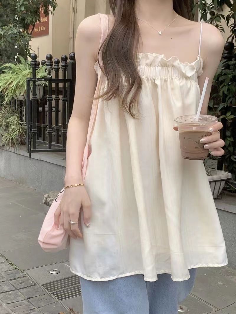 復古木耳邊無袖吊帶背心女2023夏季洋氣時尚百搭寬鬆休閒抹胸上衣