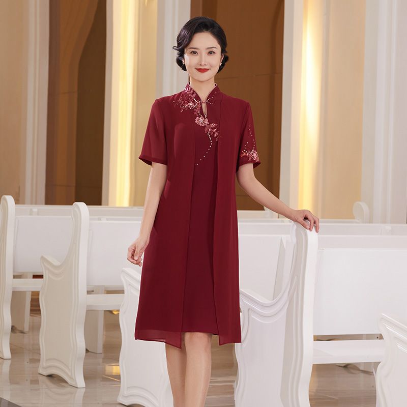 喜婆婆婚宴裝2023年夏季新款結婚媽媽減齡婚禮假兩件時尚連衣裙女