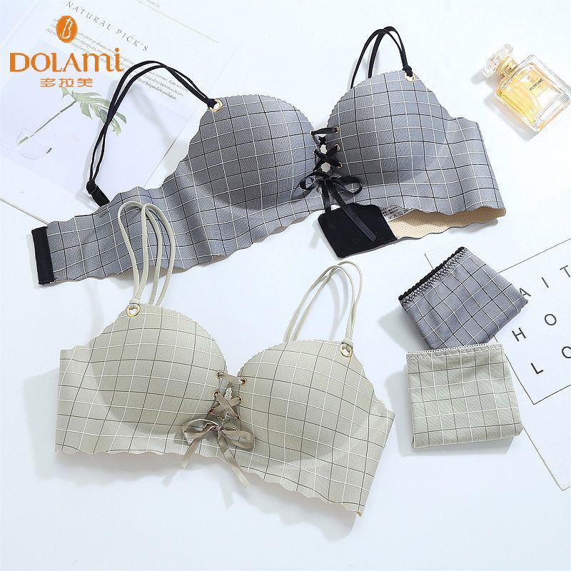 Doramie underwear set women's bra gathers up without steel ring thin and seamless girl big chest showing small bra