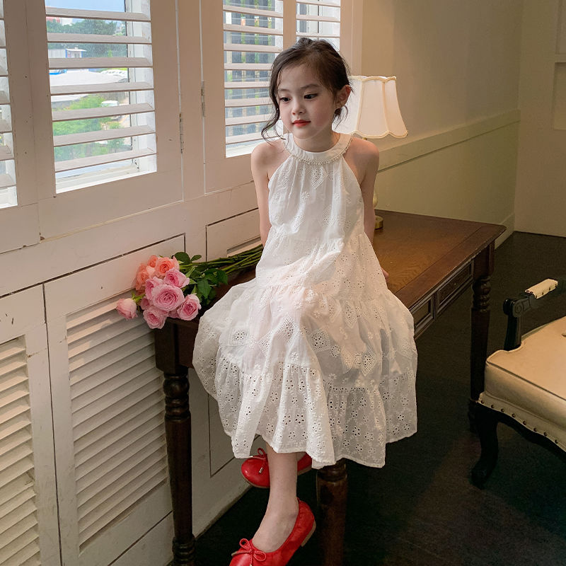 女童白色公主裙2023夏季新款兒童裙子寶寶高級感長裙度假風連衣裙