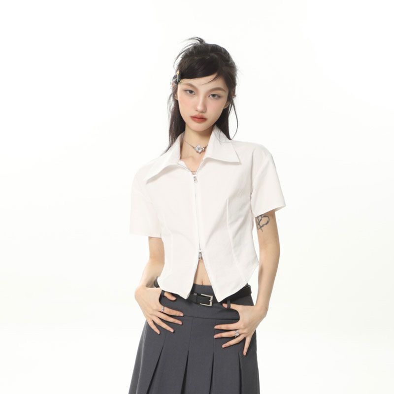 格瑞吉奥双拉链白色短袖衬衫女夏季小众设计感显瘦高级感短款上衣